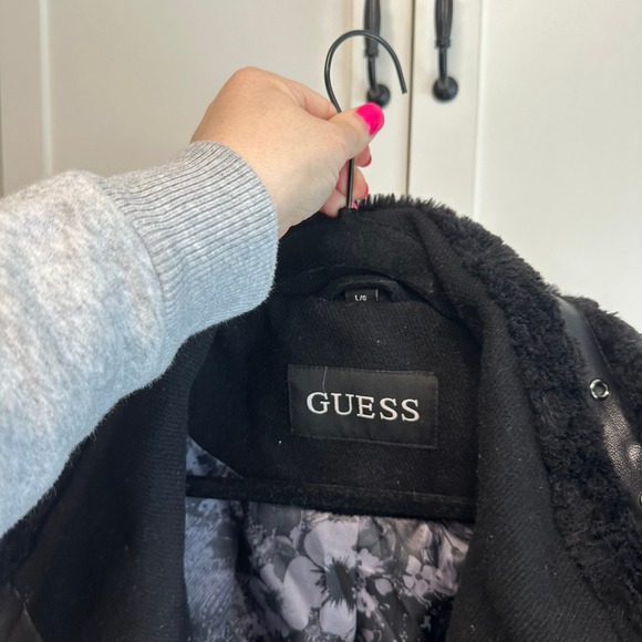 Y2K GUESS Wool Blend Belted Trench Coat Faux Fur Leather Moto Chic Mob Wife Sz L - Picture 9 of 14